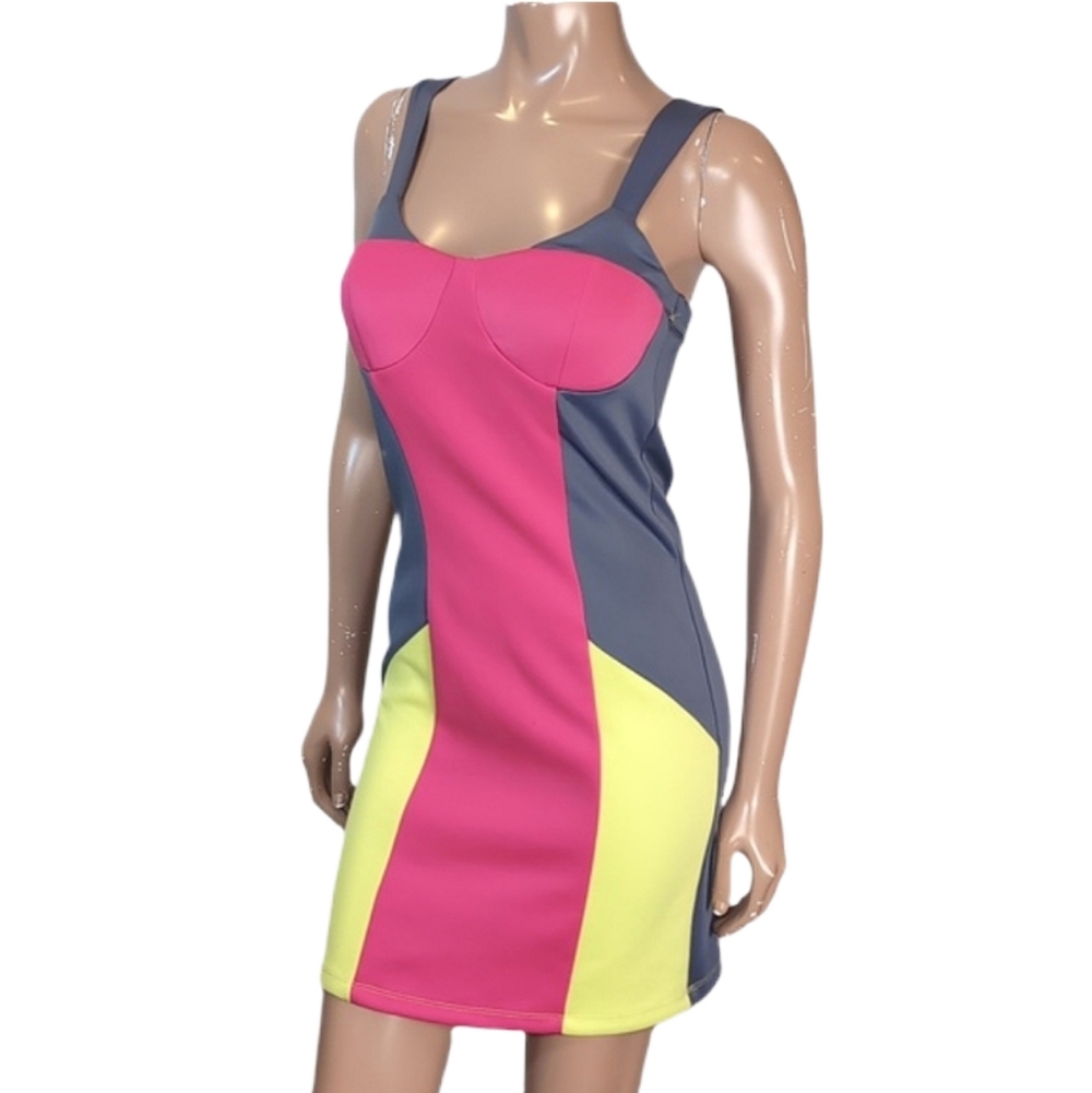 Wishes Wishes Wishes Colourblock Bodycon Mini Dress Pink Yellow Size 5